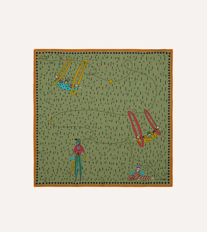Olive Acrobat Print Wool-Silk Bandana