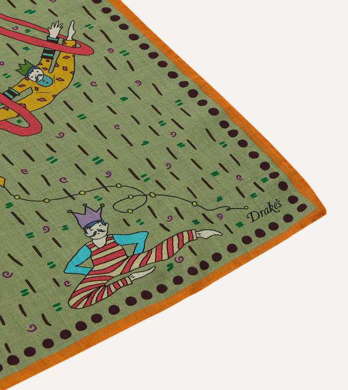 Olive Acrobat Print Wool-Silk Bandana