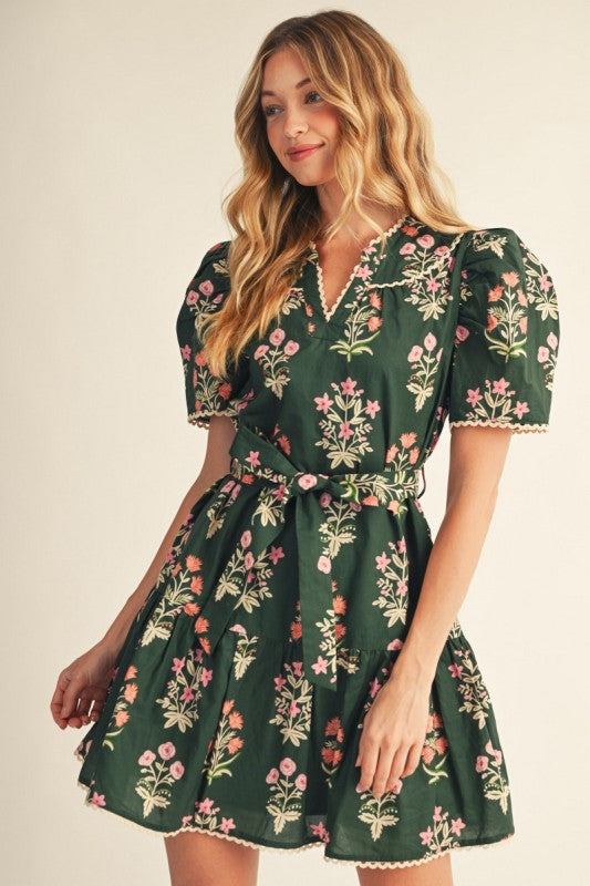 Olive Puff Shoulder Floral Dress