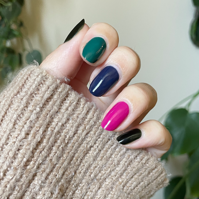 On the Town manicure featuring bright and dark shades of quick dry polish for a colorful at-home mani