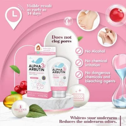 Precious Skin Alpha Arbutin 3 Plus+ Organic Underarm Cream 30g كريم ألفا أربوتين 3 بلس العضوي للعناية بالإبط من بريشوس سكين - Princess Cosmetics Qatar