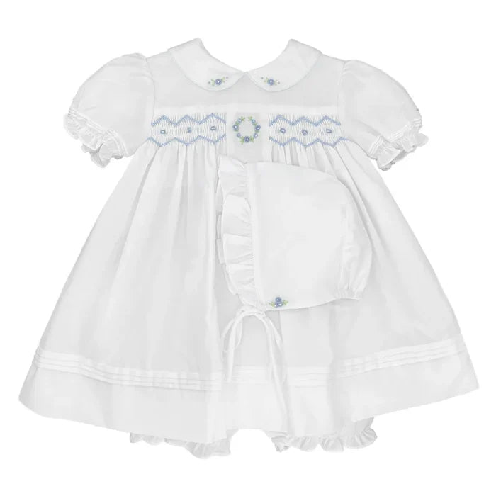 Petit Ami White Dress w/ Blue Emb & Smocking w/ Hat