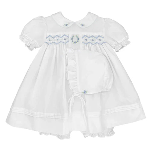Petit Ami White Dress w/ Blue Emb & Smocking w/ Hat