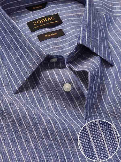 Positano Blue Striped Full Sleeve Single Cuff Classic Fit Semi Formal French Flax Linen Shirt