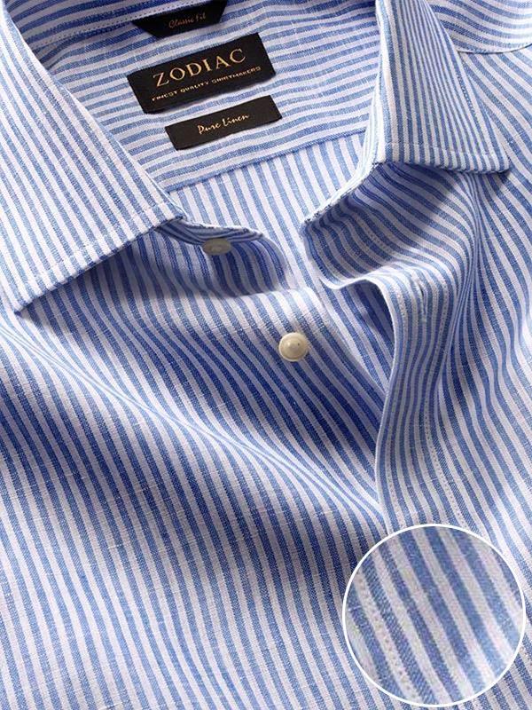 Positano Blue Striped Full Sleeve Single Cuff Classic Fit Semi Formal French Flax Linen Shirt