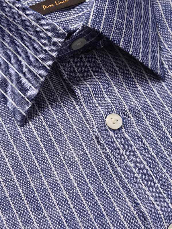 Positano Blue Striped Full Sleeve Single Cuff Classic Fit Semi Formal French Flax Linen Shirt