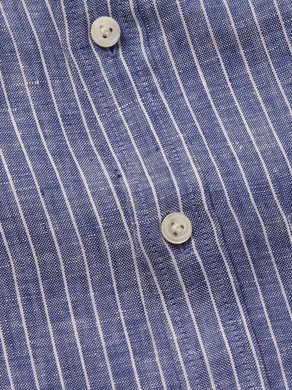 Positano Blue Striped Full Sleeve Single Cuff Classic Fit Semi Formal French Flax Linen Shirt