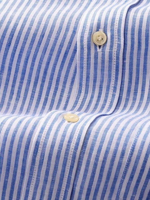 Positano Blue Striped Full Sleeve Single Cuff Classic Fit Semi Formal French Flax Linen Shirt