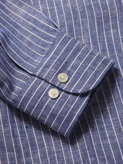 Positano Blue Striped Full Sleeve Single Cuff Classic Fit Semi Formal French Flax Linen Shirt