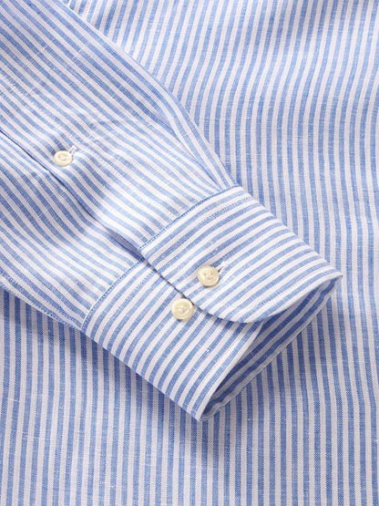 Positano Blue Striped Full Sleeve Single Cuff Classic Fit Semi Formal French Flax Linen Shirt