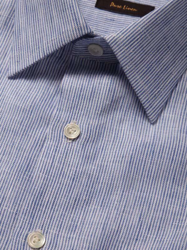 Positano Blue Striped Full Sleeve Single Cuff Tailored Fit Semi Formal French Flax Linen Shirt