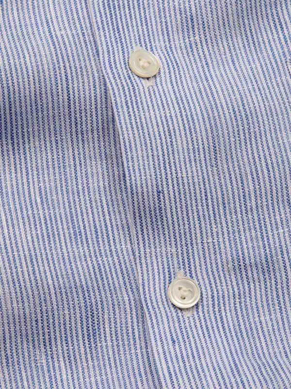 Positano Blue Striped Full Sleeve Single Cuff Tailored Fit Semi Formal French Flax Linen Shirt