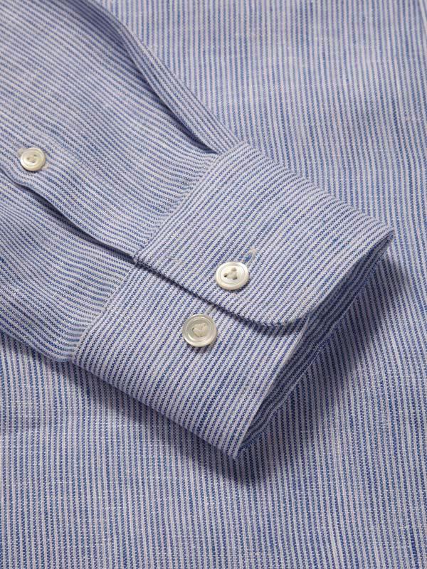 Positano Blue Striped Full Sleeve Single Cuff Tailored Fit Semi Formal French Flax Linen Shirt