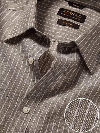 Positano Green Striped Full Sleeve Single Cuff Classic Fit Semi Formal French Flax Linen Shirt
