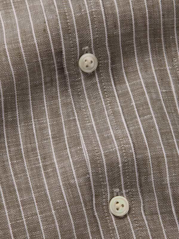 Positano Green Striped Full Sleeve Single Cuff Classic Fit Semi Formal French Flax Linen Shirt