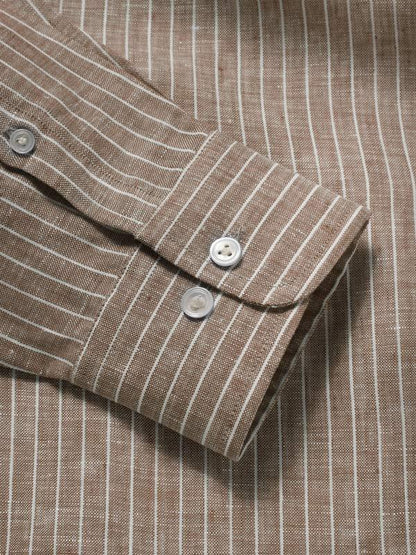 Positano Green Striped Full Sleeve Single Cuff Classic Fit Semi Formal French Flax Linen Shirt