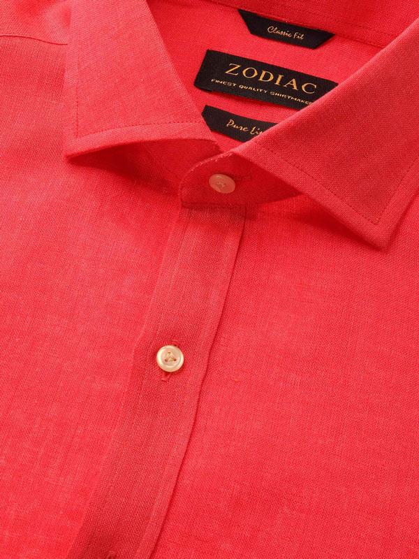 Positano Red Solid Full Sleeve Single Cuff Classic Fit Semi Formal French Flax Linen Shirt