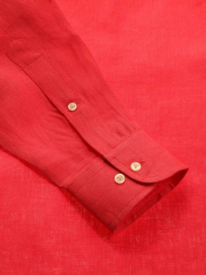 Positano Red Solid Full Sleeve Single Cuff Classic Fit Semi Formal French Flax Linen Shirt