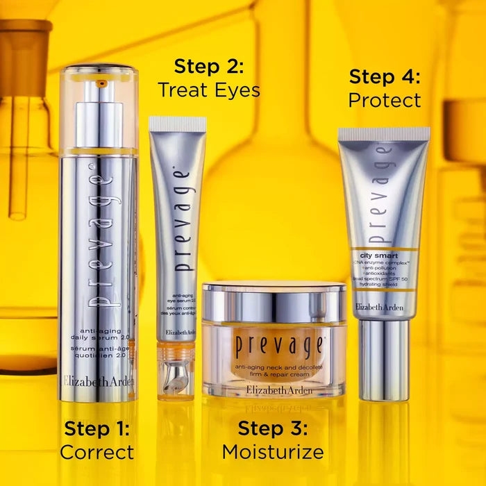 Regimen: Step 1 Correct with Prevage Anti-Aging Daily Serum 2.0. Step 2: reat Eyes with Prevage Eye Serum 2.0, Step 3: Moisturize with Prevage Neck and Décolleté Cream. Step 4: Protect with Prevage City Smart Shield