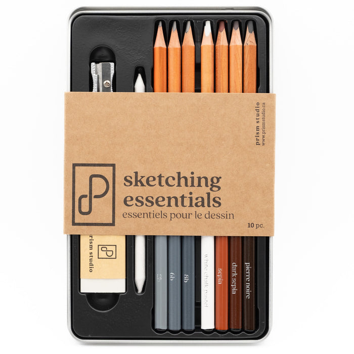 Prism Studio - Sketching Essentials - 10pc. Includes: Graphite Pencils (8b, 6b, 2b). At Embellish Away in Bowmanville Ontario Canada.