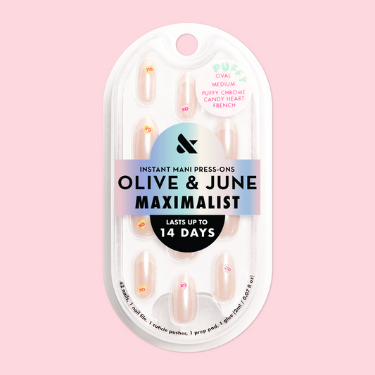 Puffy Chrome Candy Heart French - Press On | Medium | Oval false nails with 3D candy heart design in oval shape