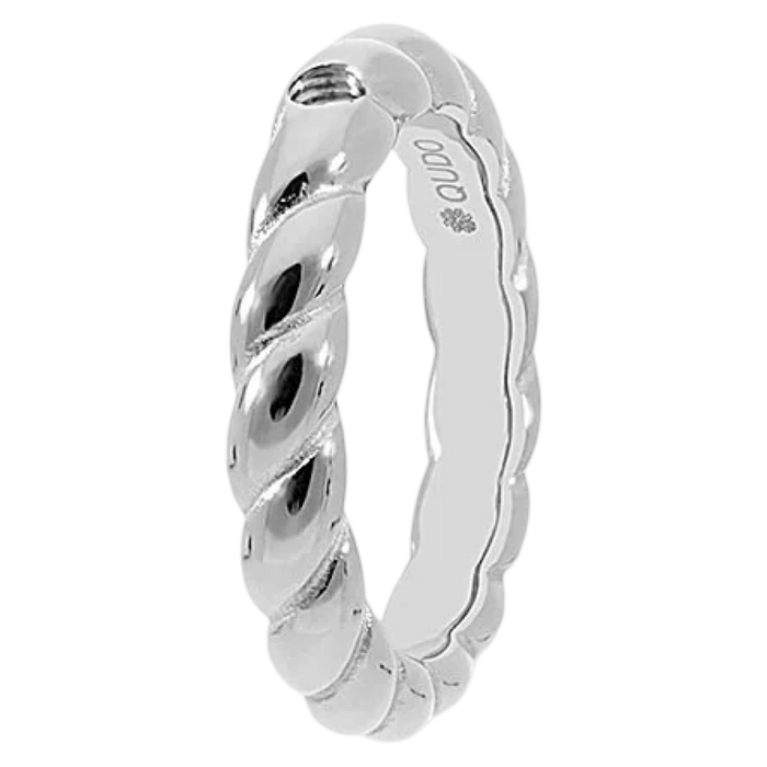 Silver ring with a textured design on a white background