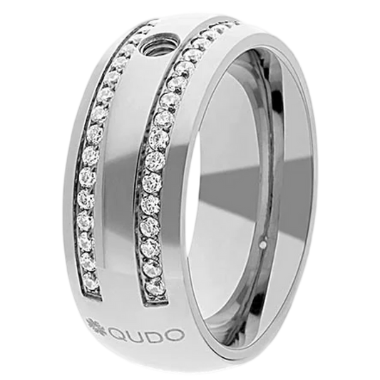 Silver ring with embedded diamonds on a white background, featuring the brand 'QUDO'.