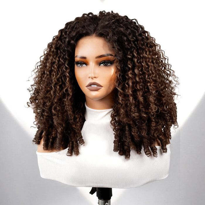 QVR Glueless Burmese Curly #T1B/4 Dark Brown 5X5 Pre-cut Lace Closure Wig with Black Roots Human Hair Wigs