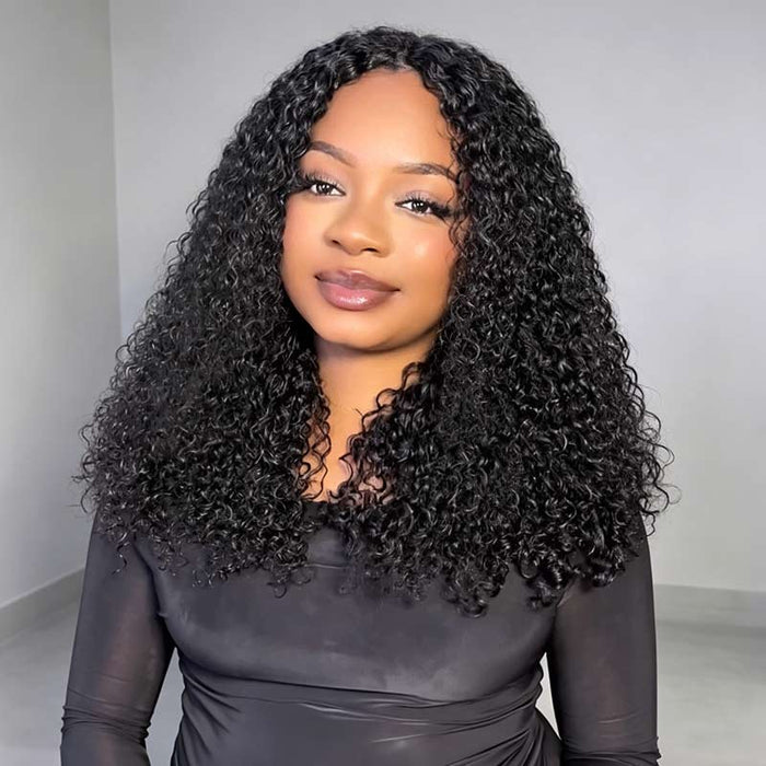 QVR Glueless Burmese Curly V Part Wigs Natural Black Invisible Lace Edge Human Hair Wig