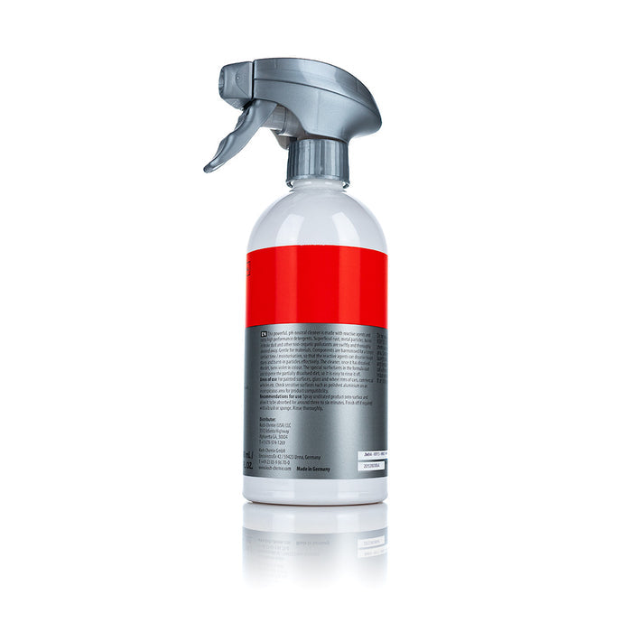 The back of a spray bottle of Koch chemie Reactive Rust Remover on a white background.
