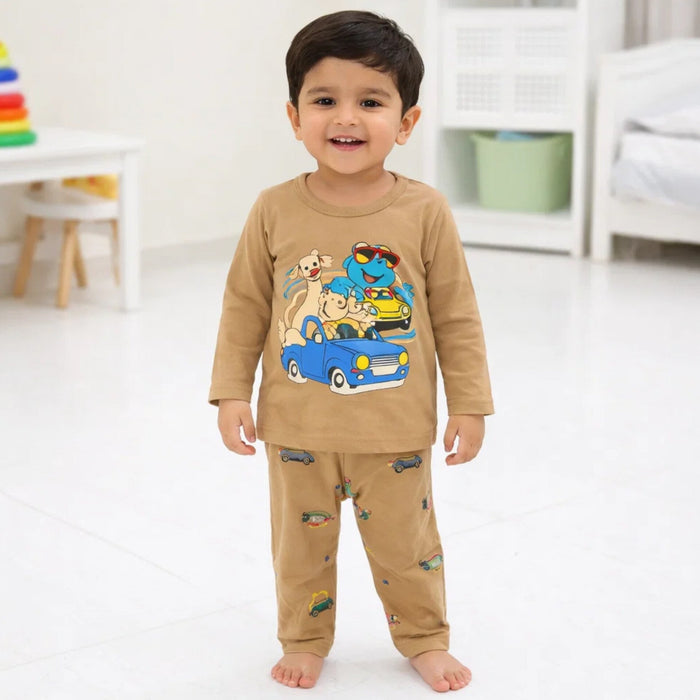 Sarah Aly - Night Suit - Cotton Interlock - Brown - Dino Family - China