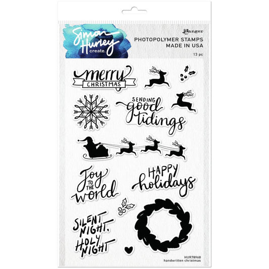 Simon Hurley create. - Clear Stamps 6"X9" - Handwritten Christmas. These high quality clear photopolymer stamps are the perfect way to add fun designs to your paper crafting projects! This package contains Handwritten Christmas: a set of 13 stamps on a 6x9 inch backing sheet. Made in USA. Available at Embellish Away located in Bowmanville Ontario Canada.
