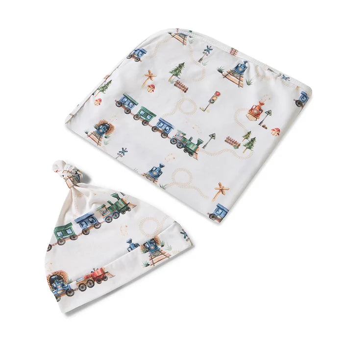 Snuggle Hunny Organic Jersey Wrap & Beanie - Trains