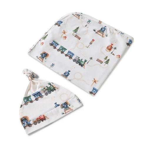 Snuggle Hunny Organic Jersey Wrap & Beanie - Trains