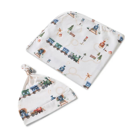 Snuggle Hunny Organic Jersey Wrap & Beanie - Trains