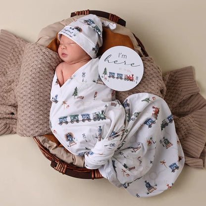 Snuggle Hunny Organic Jersey Wrap & Beanie - Trains