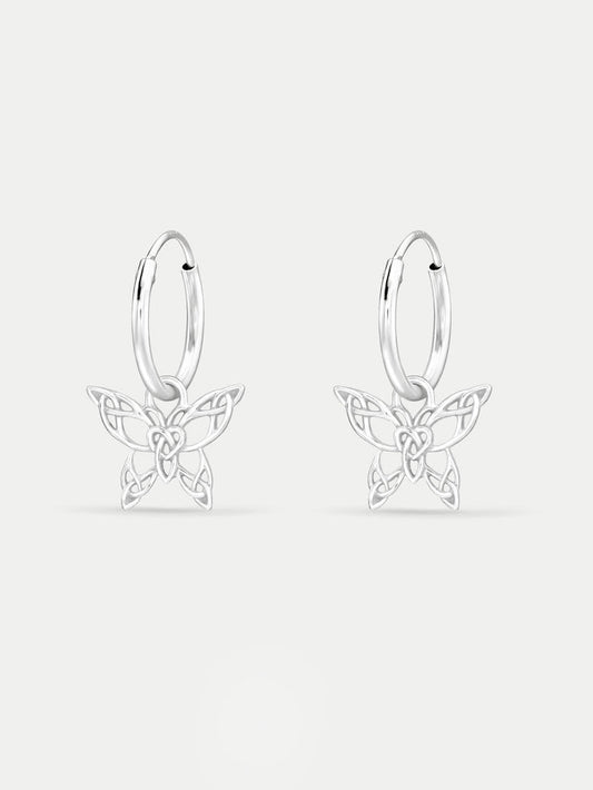 Sterling Silver Ear Hoops with Hanging Butterfly | Silver-Image 1