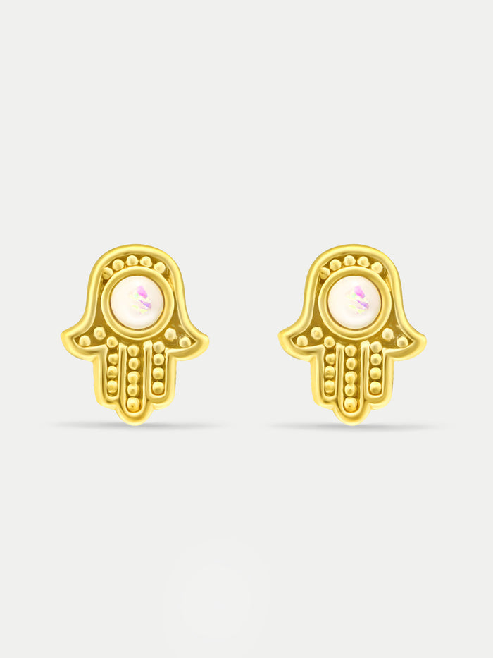 Sterling Silver Gold Plated Opal Hamsa Stud Earrings | White-Image 1