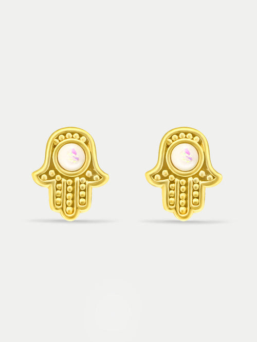 Sterling Silver Gold Plated Opal Hamsa Stud Earrings | White-Image 1