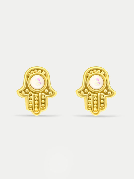 Sterling Silver Gold Plated Opal Hamsa Stud Earrings | White-Image 1