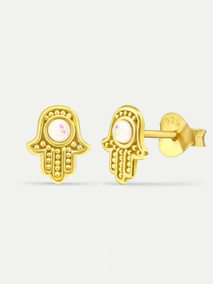 Sterling Silver Gold Plated Opal Hamsa Stud Earrings | White-Image 2