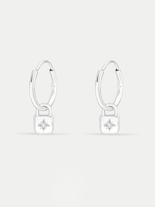 Sterling Silver Padlock Star Hoop Drop Earrings | Silver-Image 1