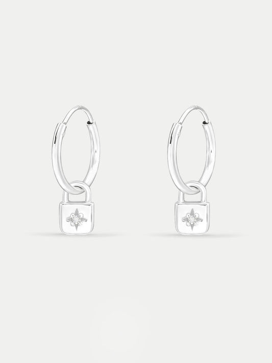 Sterling Silver Padlock Star Hoop Drop Earrings | Silver-Image 1