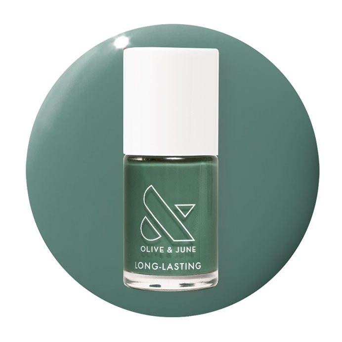 Still Life of Flowers long-lasting gel polish bottle in cool mossy green shade on matching green background