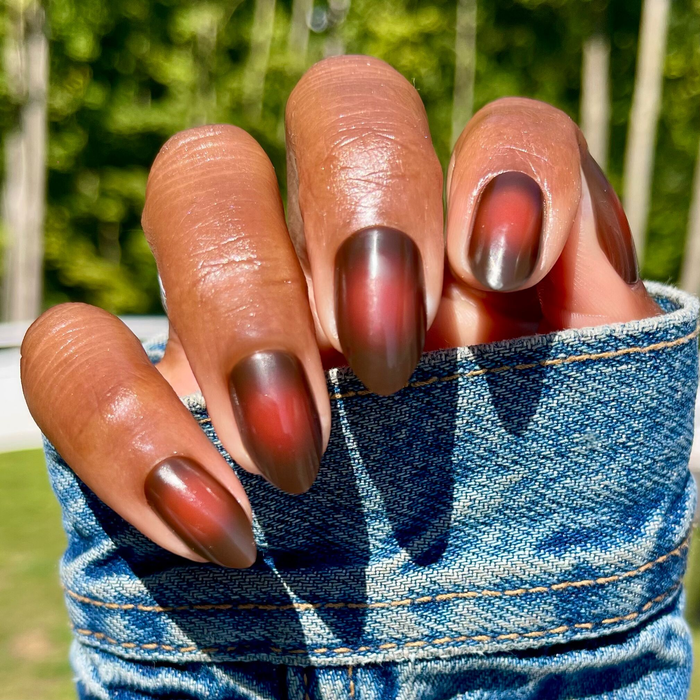 Subtle Chocolate Aura - Press-On | Medium | Almond medium almond press-on nails with chocolate brown gradient for easy mani at home
