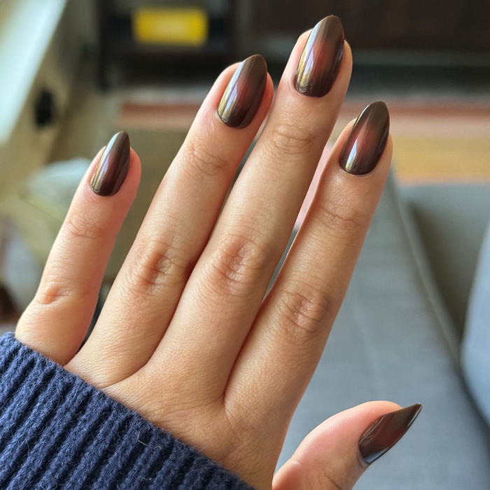 Subtle Chocolate Aura - Press-On | Medium | Almond medium almond shaped false nails with glossy chocolate mani for easy at home use