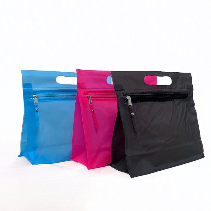 Three zippered pouches with integrated handles, shown in blue, magenta, and black on a clean white background.
