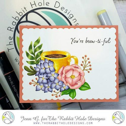 The Rabbit Hole Designs - Stamp Set - Caffeinated - Spring Coffee - 4x4. Deeply etched, clear photopolymer stamps for precise placement. Made in the USA. Available at Embellish Away located in Bowmanville Ontario Canada. Card design by Jenn G.