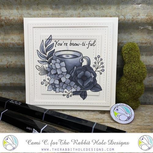 The Rabbit Hole Designs - Stamp Set - Caffeinated - Spring Coffee - 4x4. Deeply etched, clear photopolymer stamps for precise placement. Made in the USA. Available at Embellish Away located in Bowmanville Ontario Canada. Card design by Cami C.