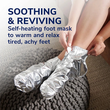 Person wearing self-heating foot mask booties on both feet